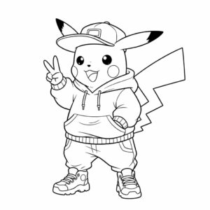 Kleurplaat Pikachu in streetwear met vredesteken