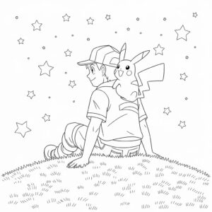 Página para colorear de Pikachu rodeado de hojas. Descárgala gratis y disfruta de un dibujo adorable para niños.