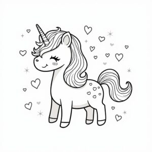 Värityssivu: yksisarvinen, sydämet ja harjat