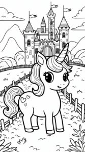 Einhorn Ausmalbild Schloss stehen