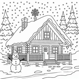 Accogliente baita con pupazzo di neve da colorare