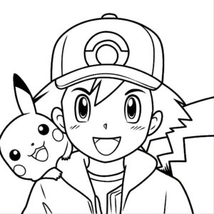 Pokémon con Pikachu y Ash: página para colorear