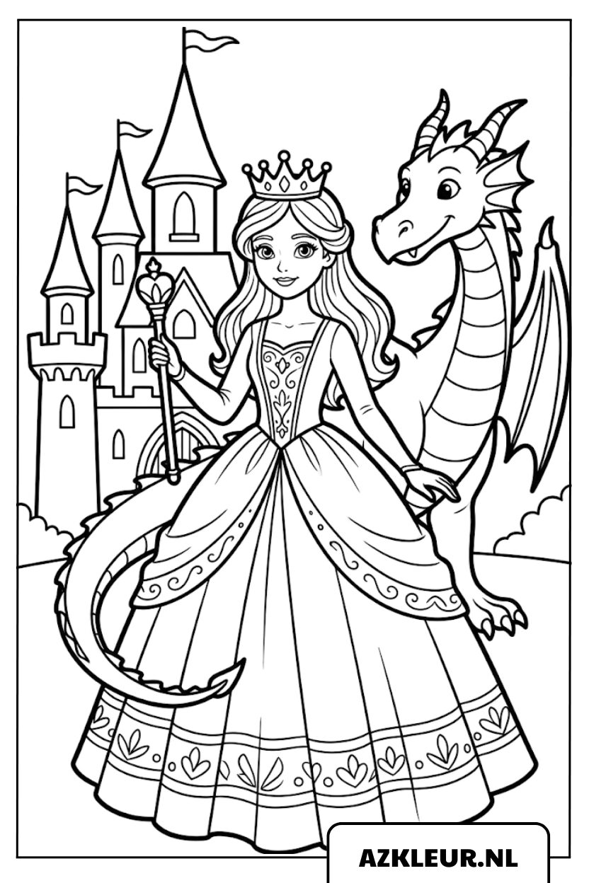 Prinses met draak bij kasteel kleurplaat.jpg