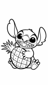 Stitch coloring page hugging a pineapple