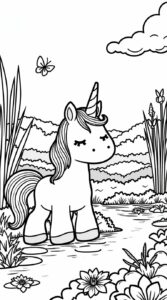 Einhorn Ausmalbild Bach mit Seerosen