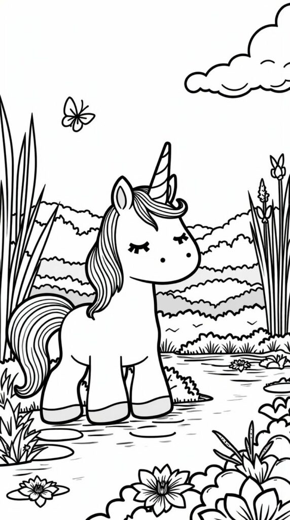 Yksisarvinen piirustus: puro ja vesililjat