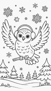 Gufo con paraorecchie nella neve da colorare