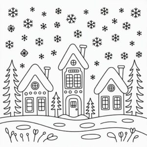Villaggio invernale con tre casette da colorare