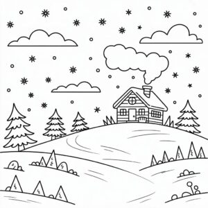 Collina invernale con casetta e fiocchi di neve da colorare