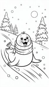 Foca con sciarpa sulla collina da slittino da colorare