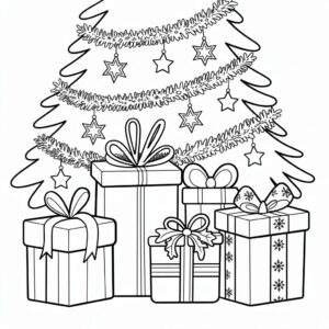 kerstcadeautjes onder kerstboom kleurplaat