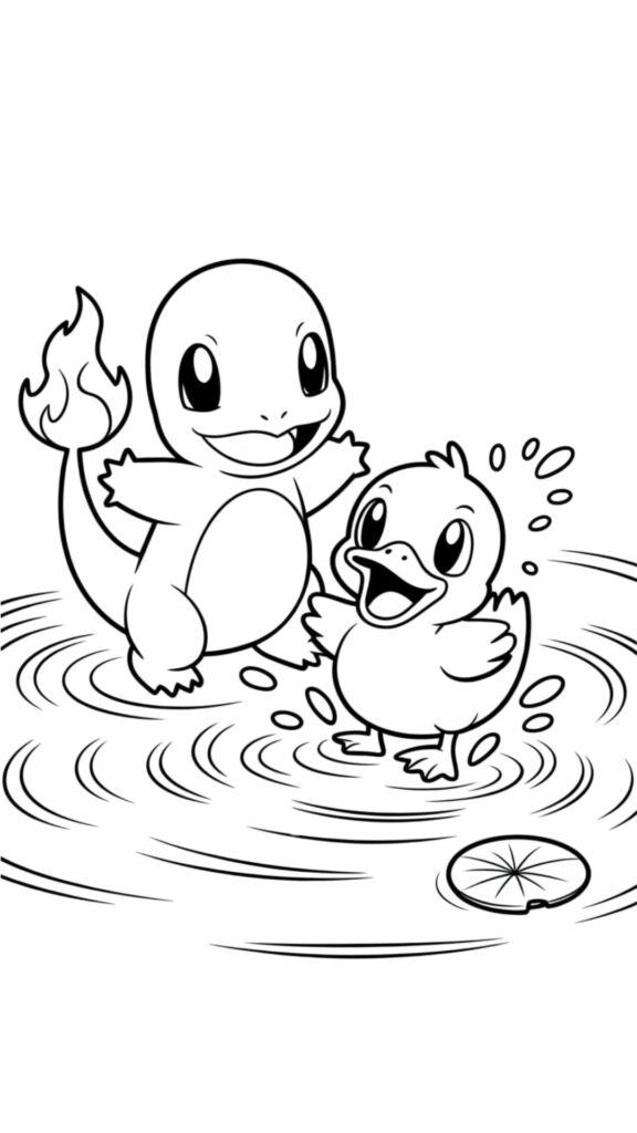 Charmander and a duck playing in the water