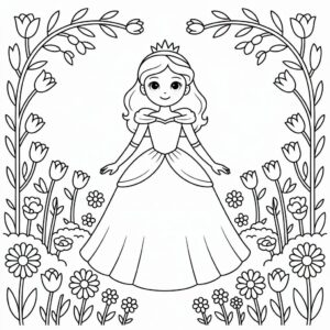 Coloriage Princesse dans un jardin de fleurs gratuit à imprimer