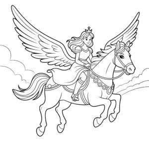 Coloriage Princesse sur un cheval magique gratuit à imprimer