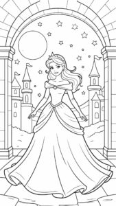 Image à colorier Princesse au château la nuit print