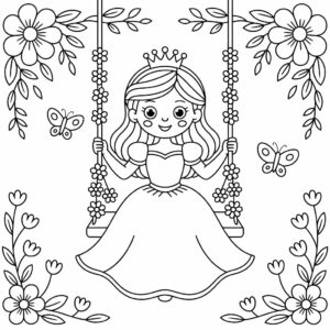 Image à colorier Princesse dans un jardin de fleurs print