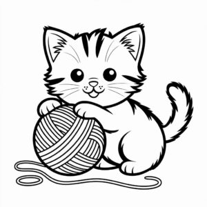 Kätzchen mit Wollknäuel Malvorlagen PDF kostenlos