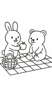 Kleurplaat konijn en beer op picknick