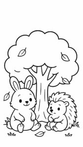 Kleurplaat konijn en egel onder de boom