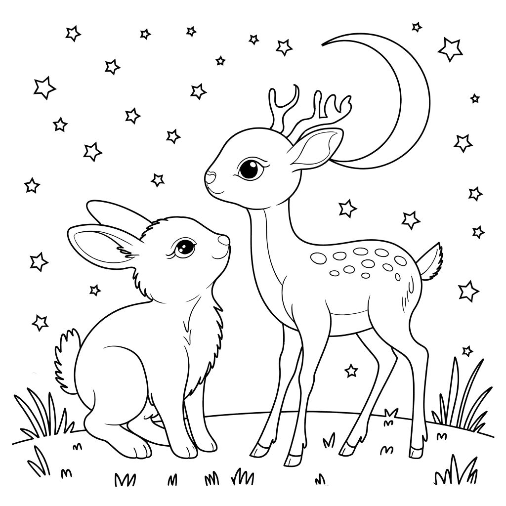 Kleurplaat konijn en hert