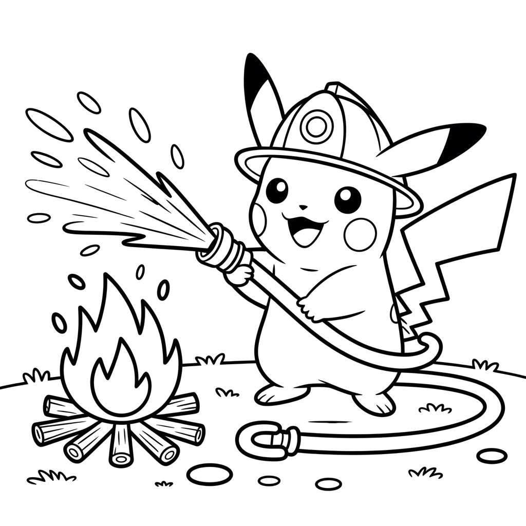 Pikachu Firefighter Holding Hose Coloring Page