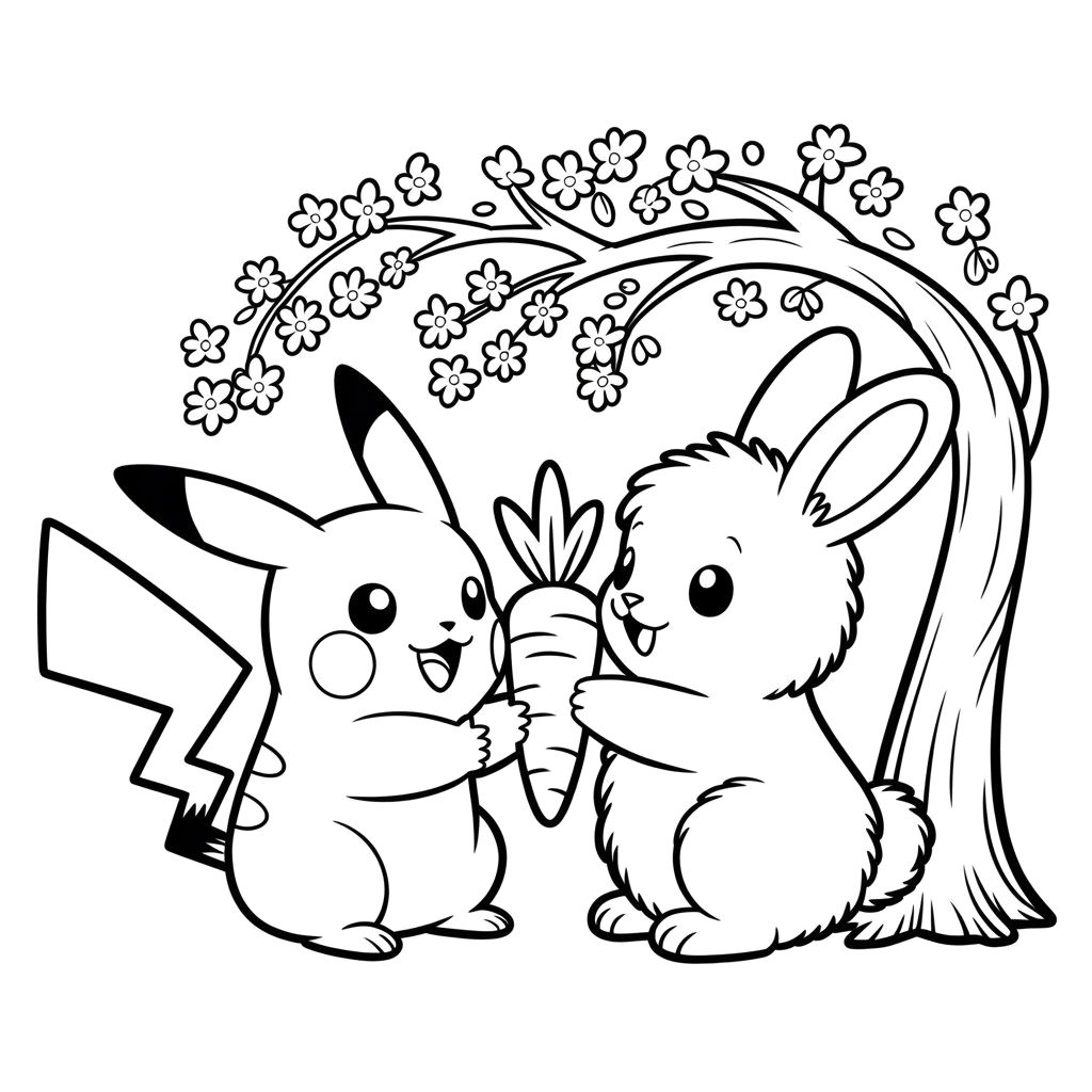 Pikachu With Bunny In Nature Coloring Page