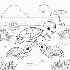 Schildkrötenfamilie am Strand Ausmalbild PDF