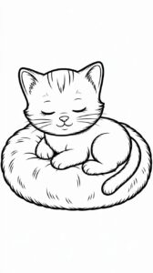 Schlafendes Kätzchen auf dem Kissen Ausmalvorlagen PDF