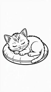 Schlafendes Kätzchen auf dem Kissen zum Ausmalen kostenlos