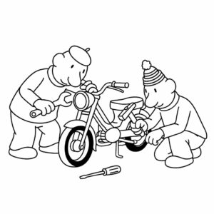 Buurman en Buurman trabajan en una motocicleta: una página para colorear