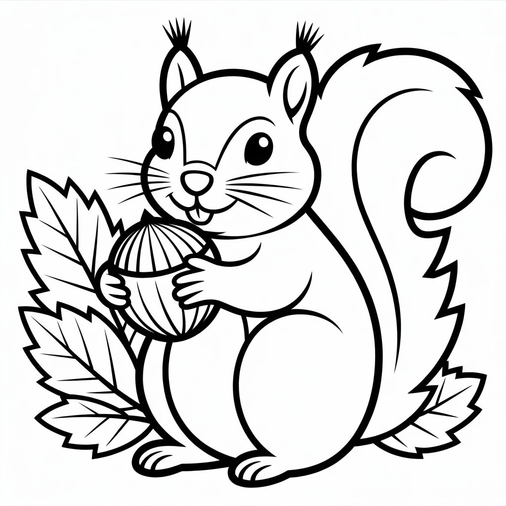 Eichhörnchen mit Nuss Ausmalbild als kostenloses PDF