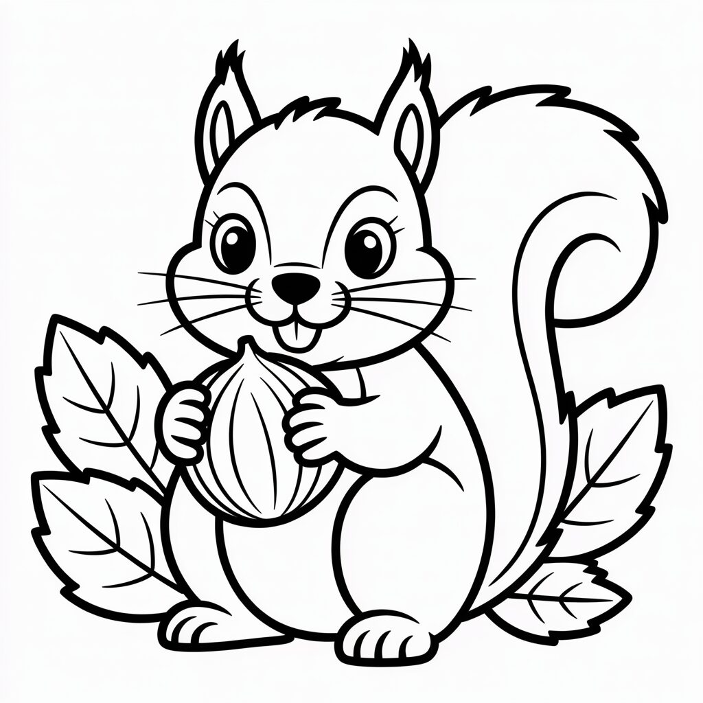 Gratis Download Eichhörnchen mit großer Nuss zum Ausmalen
