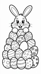 Página para colorear: Conejo de Pascua detrás de la montaña de huevos de Pascua