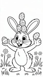 Página para colorear del conejo de Pascua con huevos apilados
