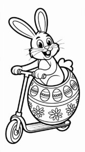 Dibujo para colorear: Conejo de Pascua en scooter con huevo