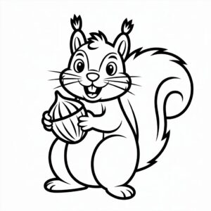 Niedliches Eichhörnchen mit Nuss – Malvorlage jetzt gratis herunterladen