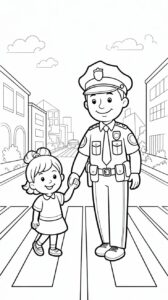 Polizist hilft Kind Ausmalbild gratis Download