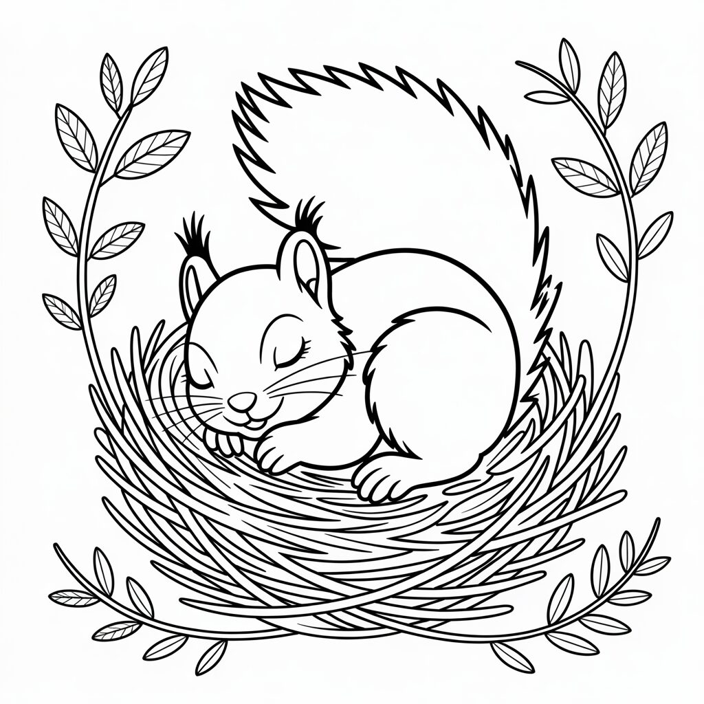 Schlafendes Baby-Eichhörnchen im Nest – gratis PDF für kleine Kinder