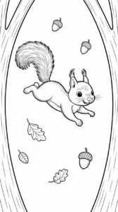 Springendes Eichhörnchen im Wald – Ausmalbild kostenlos als PDF