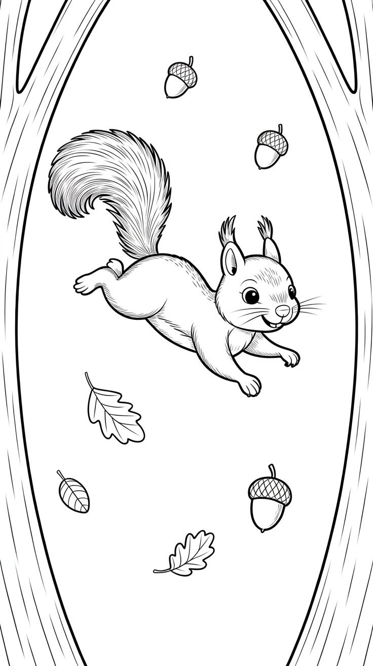 Springendes Eichhörnchen im Wald – Ausmalbild kostenlos als PDF