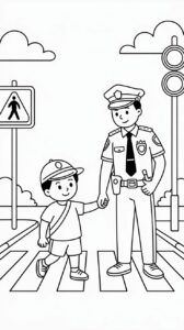 Verkehrssicherheit Ausmalbild mit Polizist und Kind