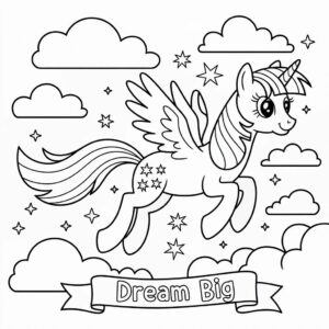 Vliegende Twilight met ‘Dream Big’ – Inspirerende Kleurplaat