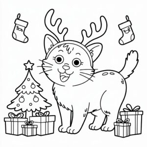 Página para colorear de Navidad con un gato