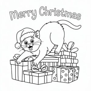 Páginas para colorear de Navidad: gato navideño