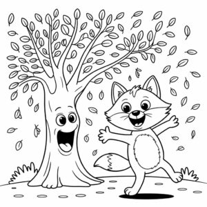 Dansende vos bij boom kleurplaat