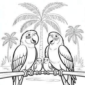 Fröhliche Papageienfamilie auf Palme Ausmalbild gratis