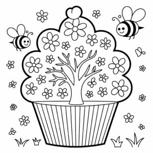 Kleurplaat Cupcake met Bloesem en Bijen