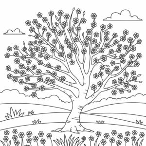 Kleurplaat Grote Boom in Bloei op het Platteland