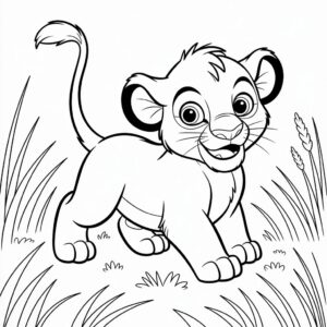 Kleurplaat Simba spelend in het gras