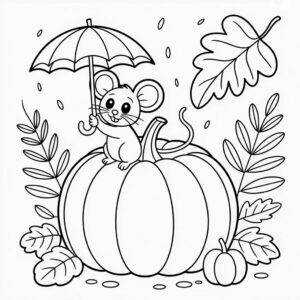 Kleurplaat muis op pompoen met paraplu